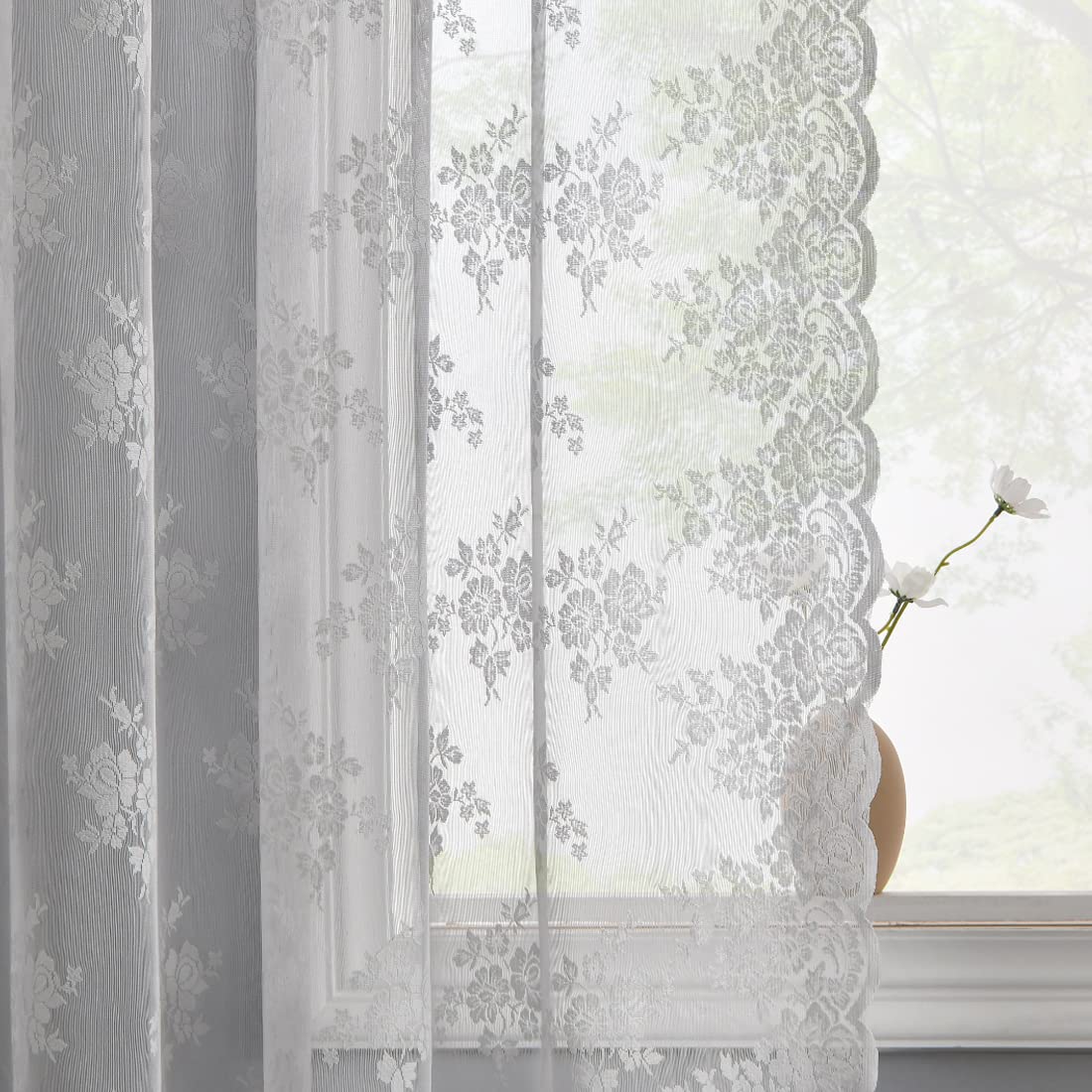 Kotile Short Beige Lace Curtains for Kitchen Windows W42xL45 Inch, 2 Panels