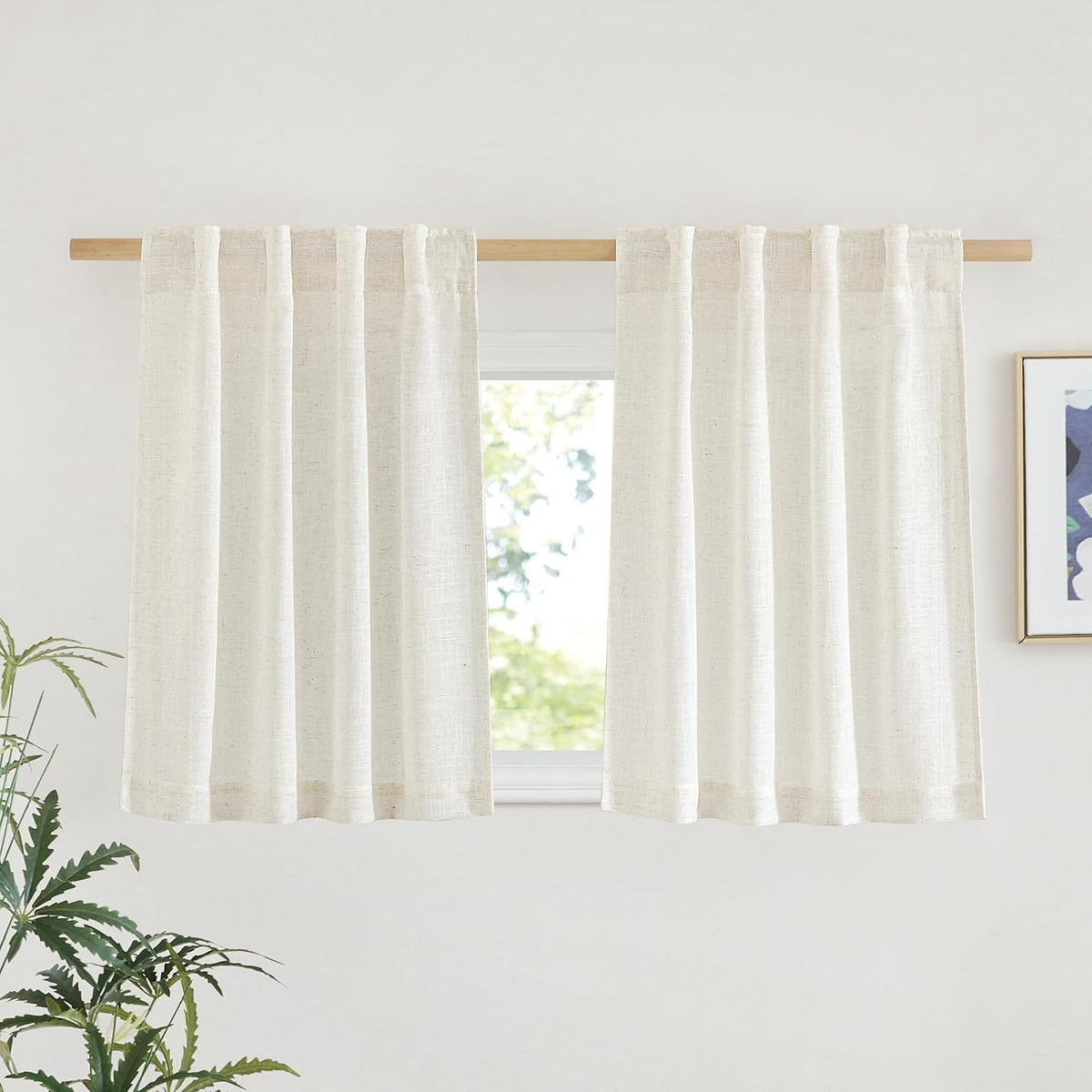 NICETOWN Natural Linen Kitchen Curtains 26 inches Long, Rod Pocket & Back Tab Semi Sheer Flax Window Treatments Rustic & Cute for Cafe/Kids Room, W37 x L26, 2 Panels