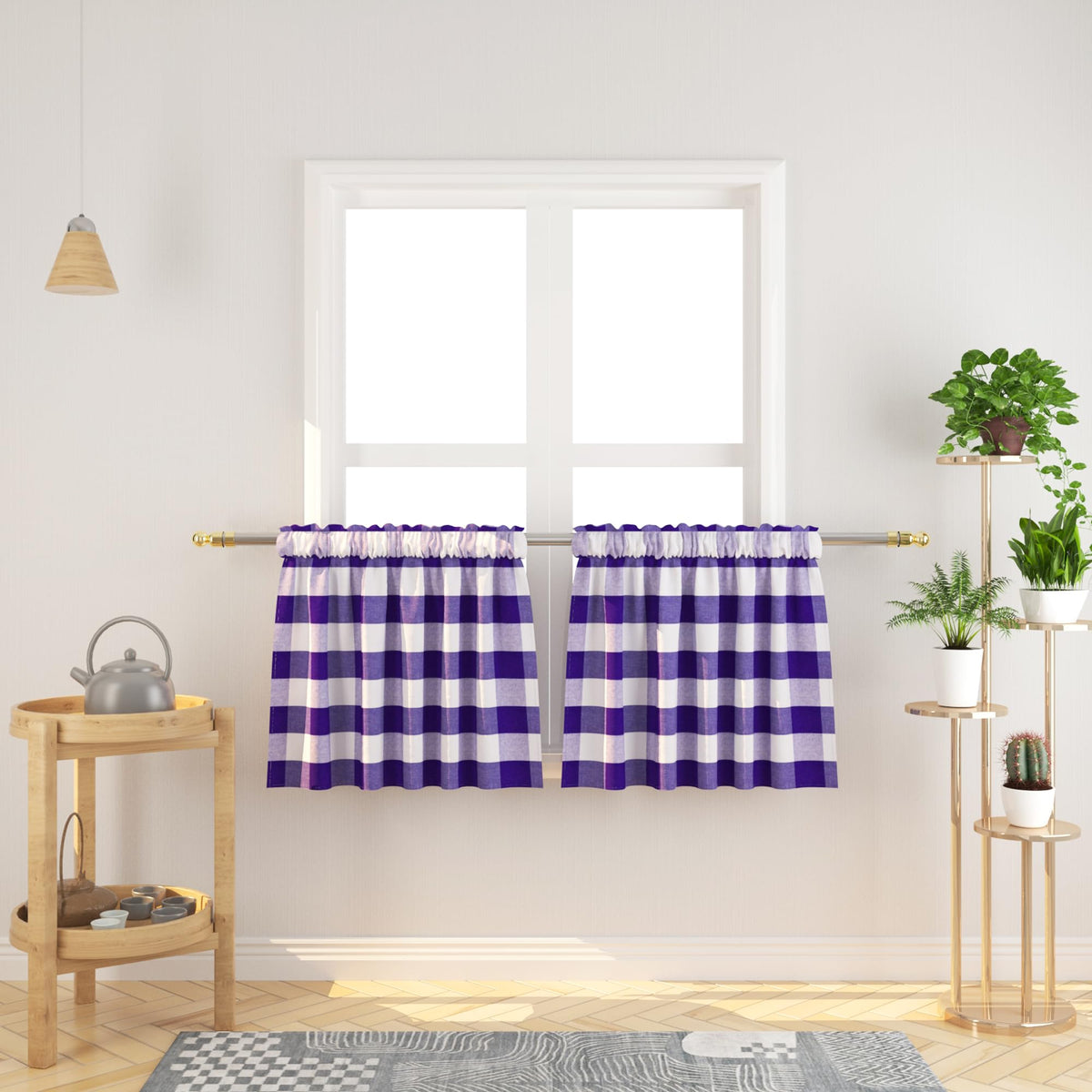 Buffalo Check Kitchen Tier Curtain 24 inches Long Plaid Gingham Rod Pocket Classic Cafe Curtains Country Farmhouse Kitchen Half Window Curtains 2 Panels Beige & White