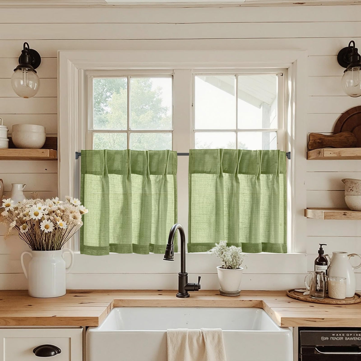 jinchan Linen Pinch Pleated Back Tab Tier Curtains, 26x24, Natural
