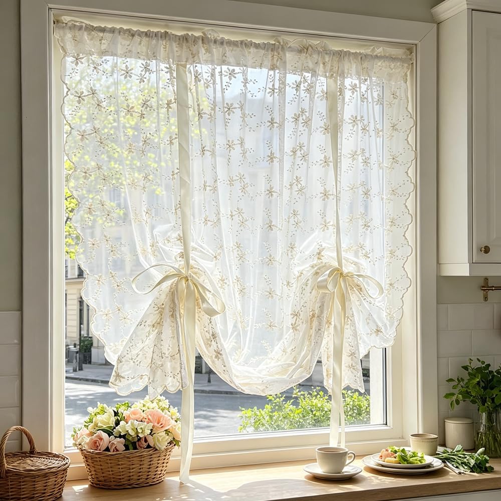 Beige Romantic Little Floral Woven Lace Tie Up Balloon Curtain for Kitchen
