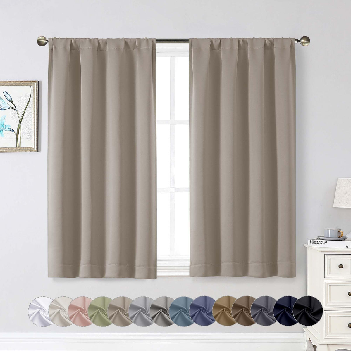 Black Cafe Blackout Curtains 36 Inch Length 2 Panels Set, Soft Solid Thermal Insulated Room Darkening Small Window Curtains for Kitchen Bathroom Basement, Black, Each, 40" Wx36 L