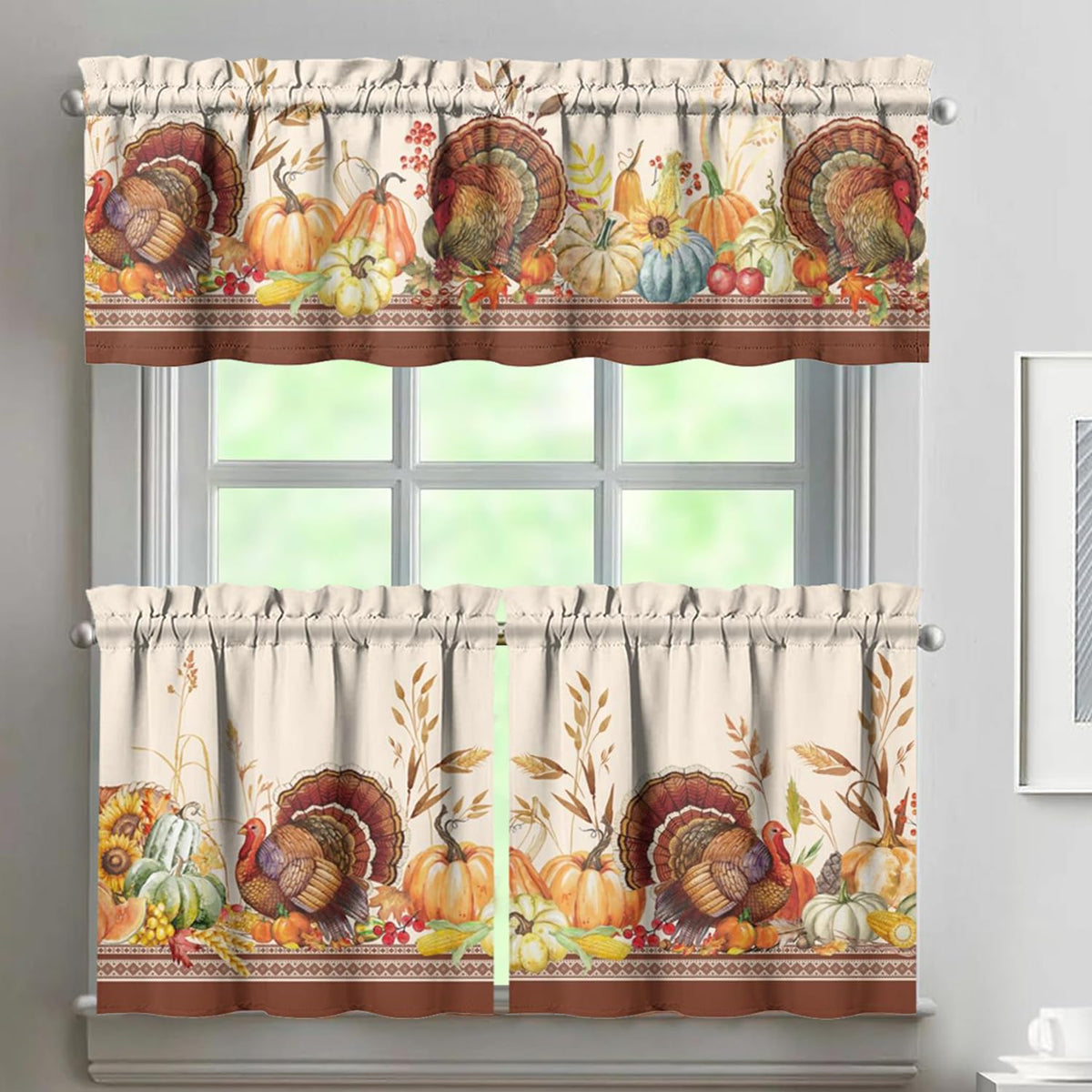 Sage Kitchen Curtain Valance 3 Piece Set, Sage Leaf Floral Kitchen Decor for Home Interior, Farmhouse Style Sink Window Curtains 36 Inch