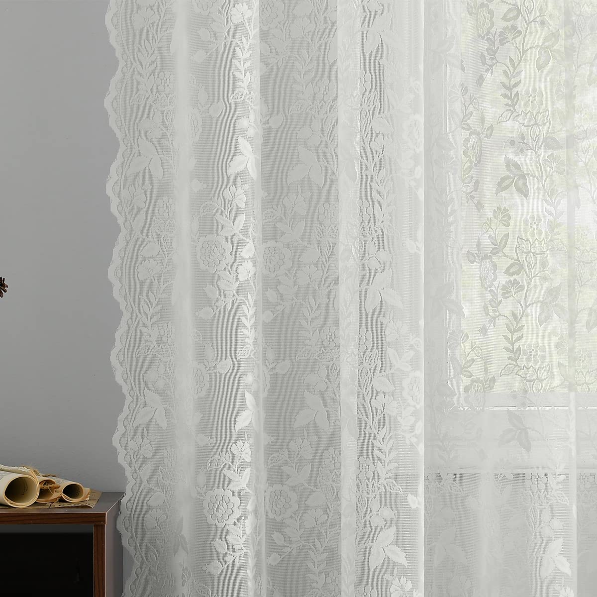 FINECITY Short Beige Lace Curtains Rustic Leaf Floral W42xL36 Inch 2 Panels