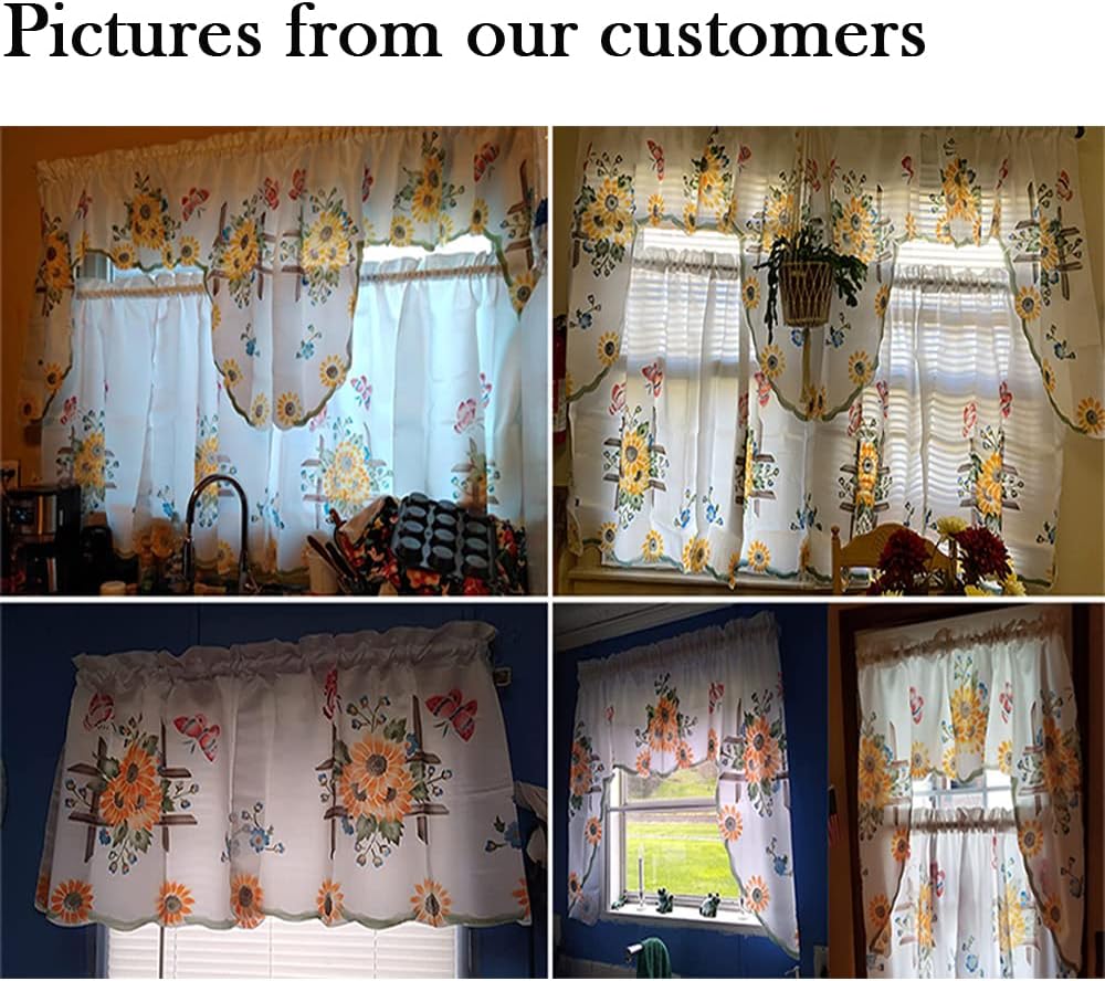 GOHD 3pcs Farmhouse Kitchen Cafe Curtain Set Air Brushed by Hand of Sunflower and Butterfly Design on Thick Satin Fabric (Swag and 36 inches Tiers Set)