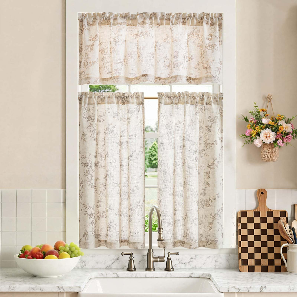 jinchan Green Linen Floral Kitchen Tier Curtains and Valance Set 3 Pieces