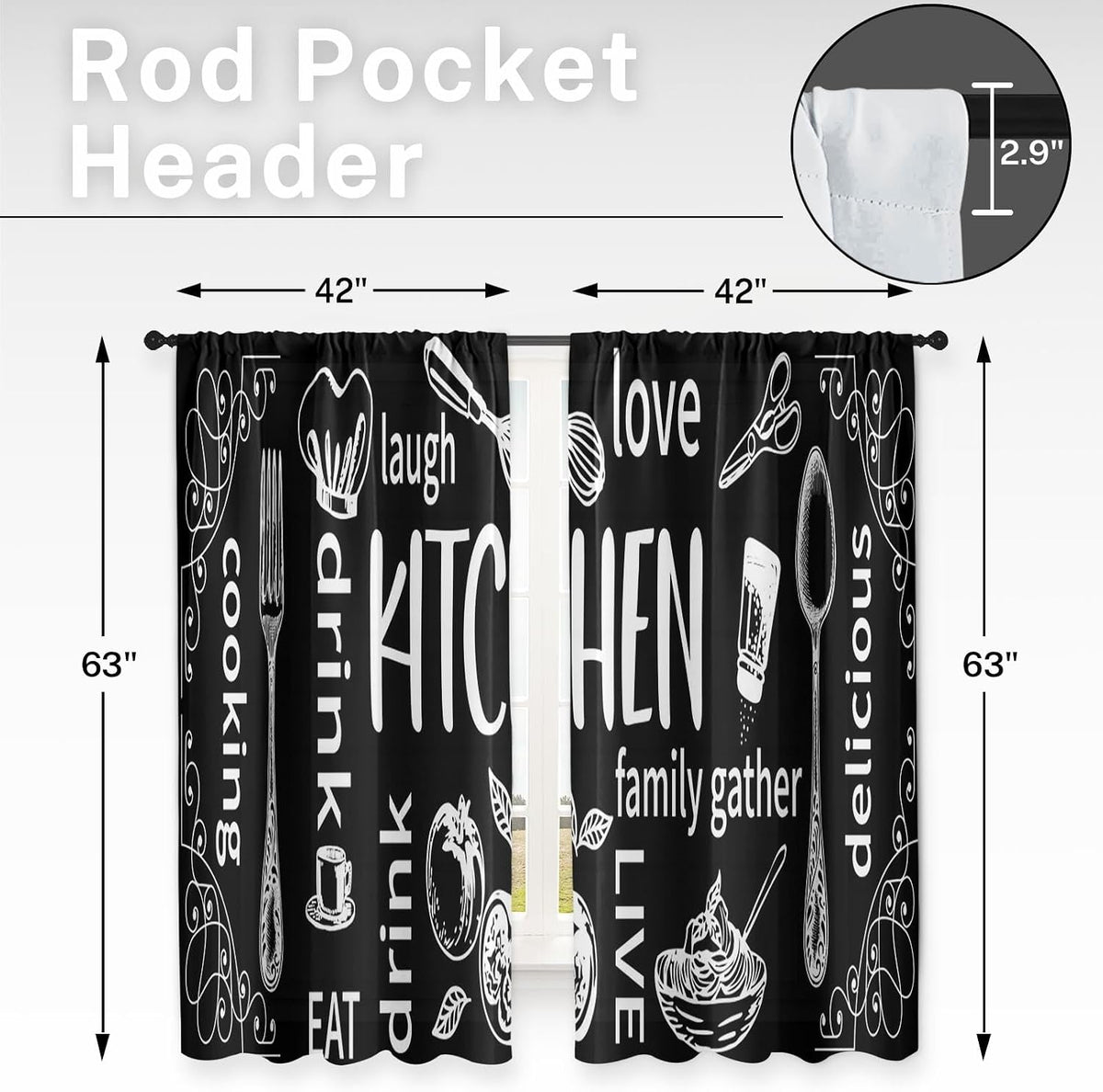 Arttown Kitchen Curtains 63 Inch Length, 2 Pack, Abstract Doodle Modern