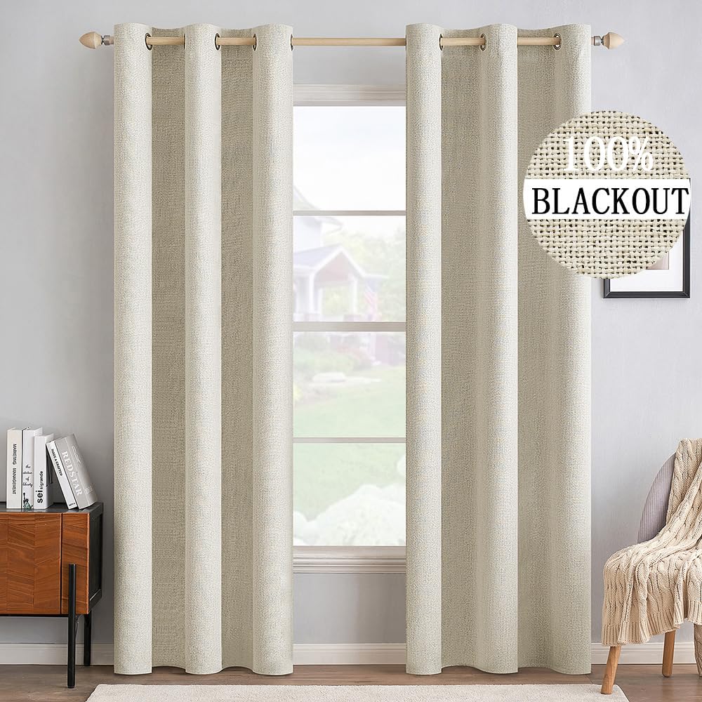 MIULEE 100% Blackout Linen Curtains for Bedroom 52x54 Inches Natural Beige