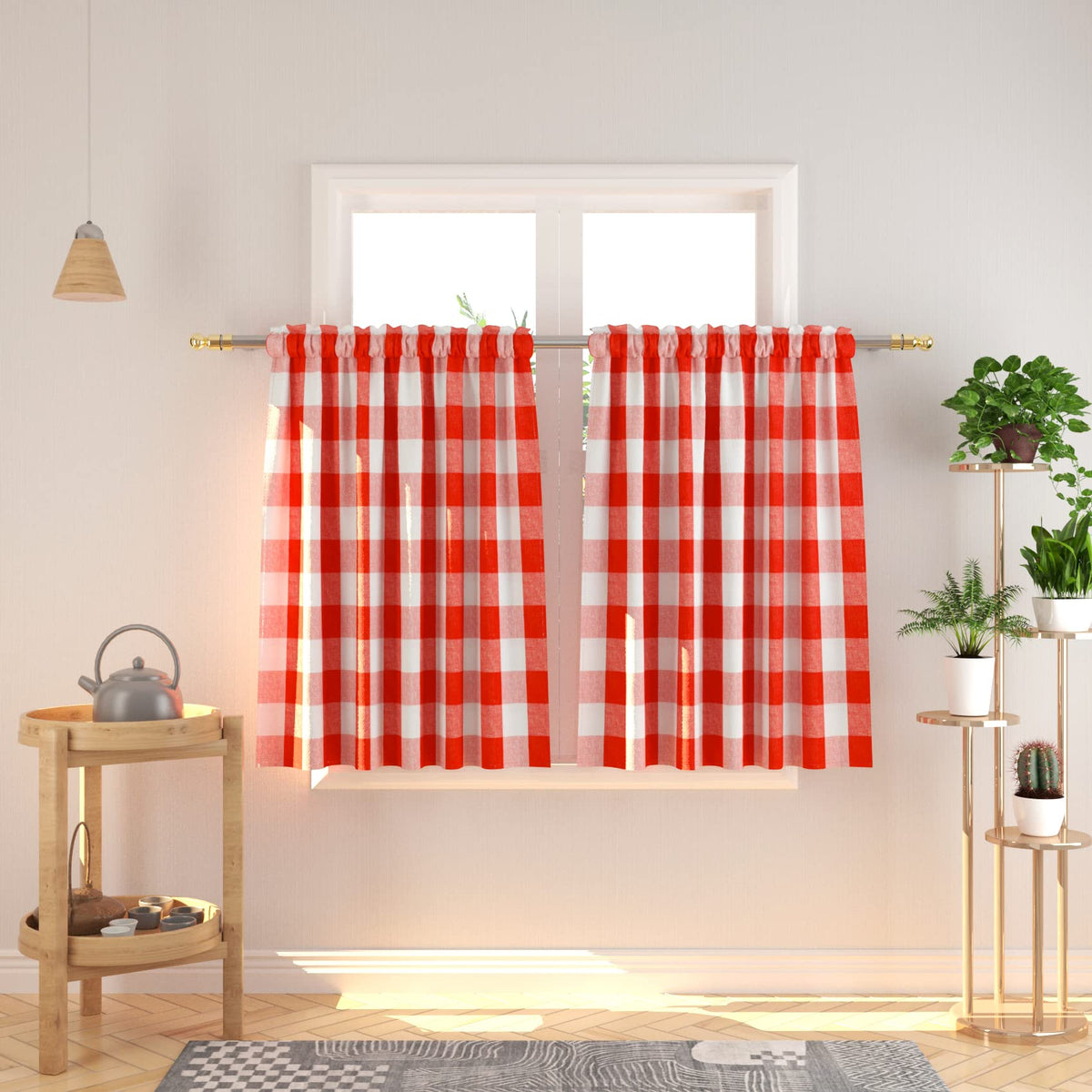 Buffalo Check Kitchen Tier Curtain 24 inches Long Plaid Gingham Rod Pocket Classic Cafe Curtains Country Farmhouse Kitchen Half Window Curtains 2 Panels Beige & White