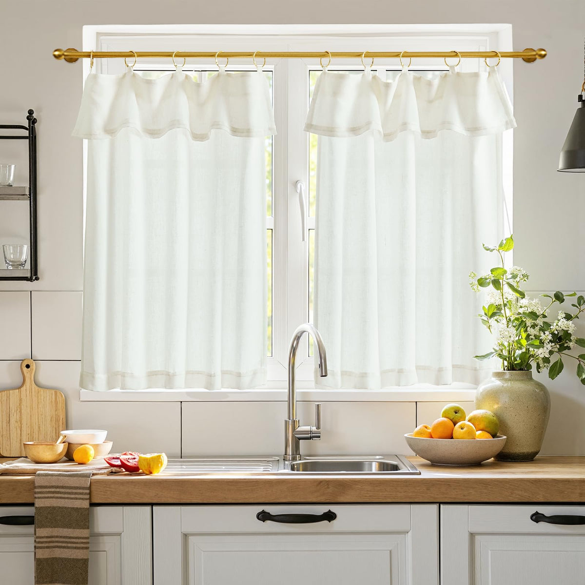 jinchan Linen Pinch Pleated Back Tab Tier Curtains, 26x36, Natural