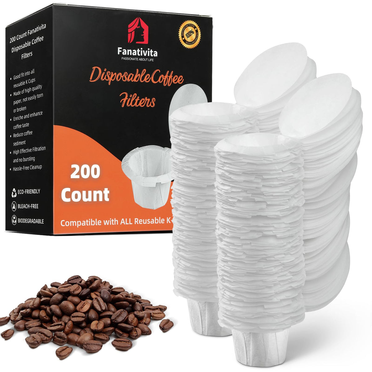 Fanativita 300ct K Cup Coffee Filters with Genius Lid, Unbleached