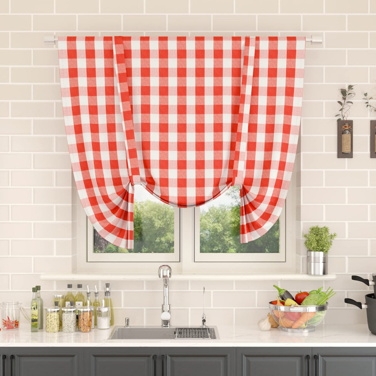 Buffalo Check Kitchen Tier Curtain 24 inches Long Plaid Gingham Rod Pocket Classic Cafe Curtains Country Farmhouse Kitchen Half Window Curtains 2 Panels Beige & White