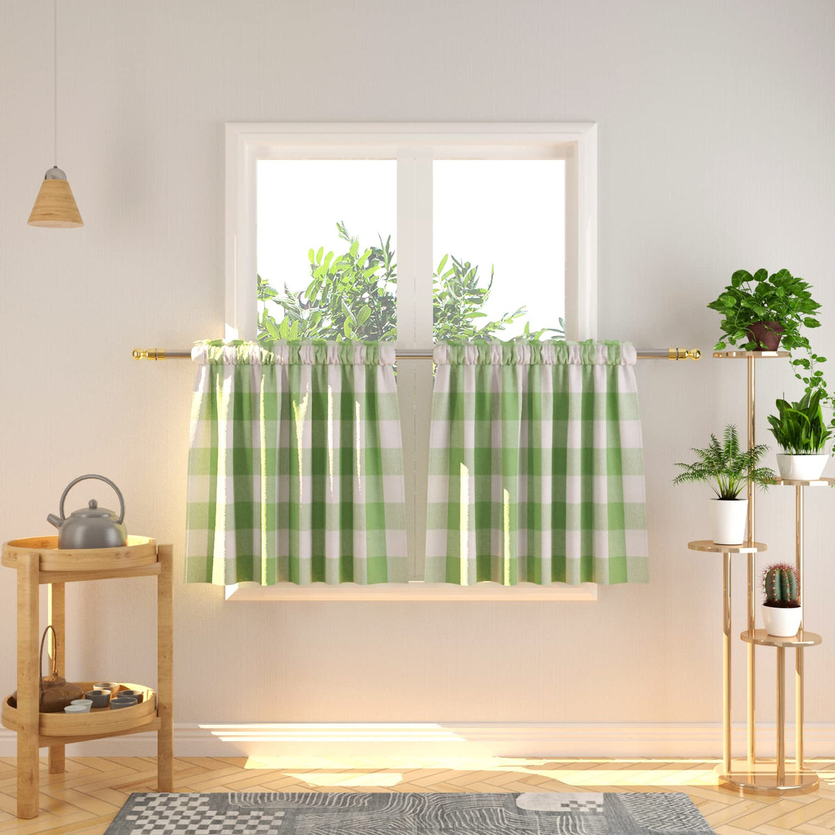 Buffalo Check Kitchen Tier Curtain 24 inches Long Plaid Gingham Rod Pocket Classic Cafe Curtains Country Farmhouse Kitchen Half Window Curtains 2 Panels Beige & White