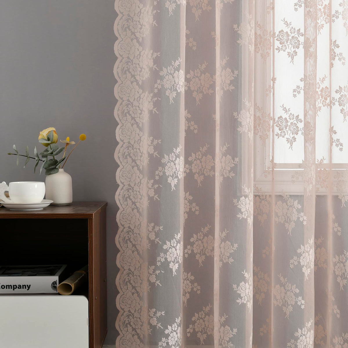 Kotile Short Beige Lace Curtains for Kitchen Windows W42xL45 Inch, 2 Panels