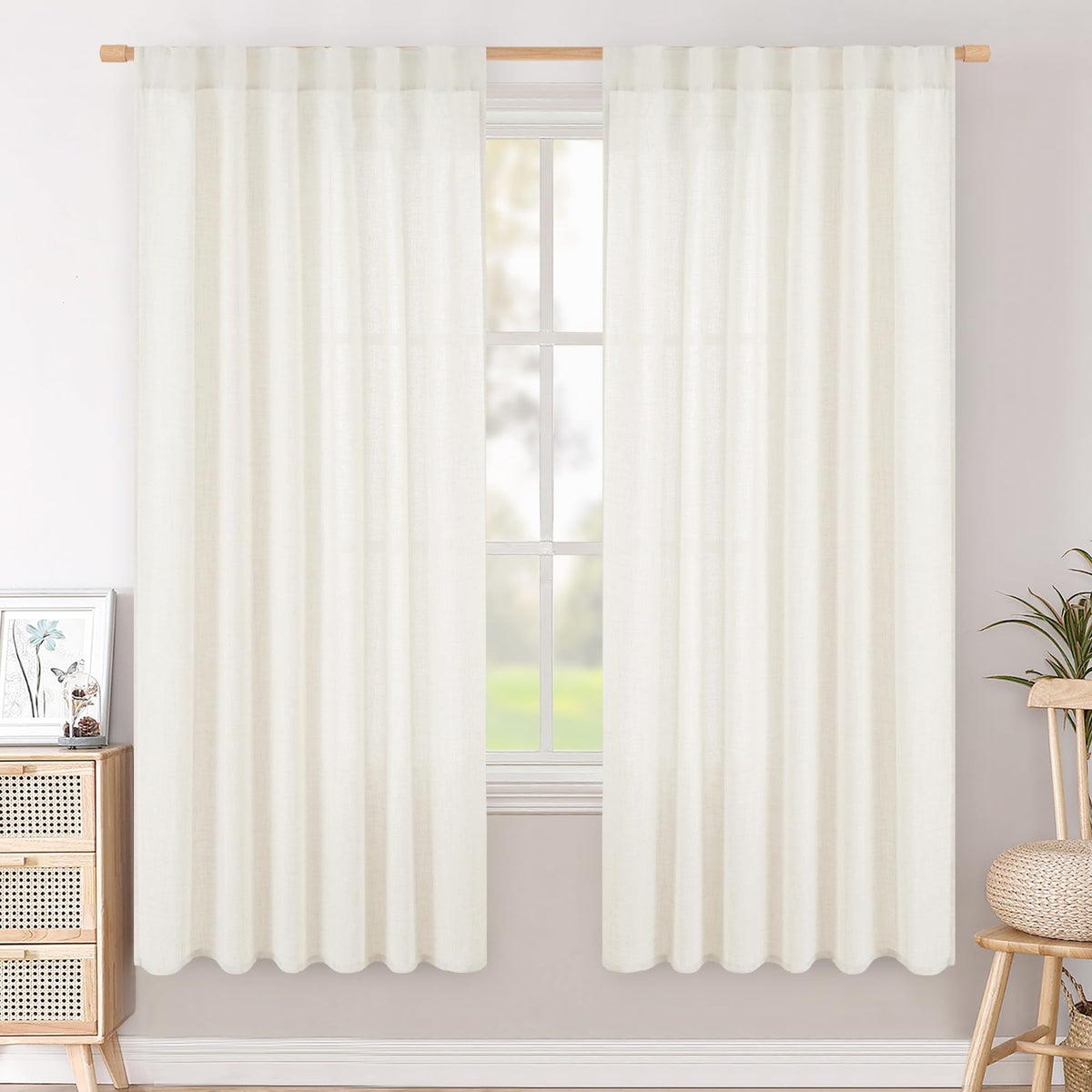 BGment White Linen Kitchen Curtains 40 Inch Length for Short Window