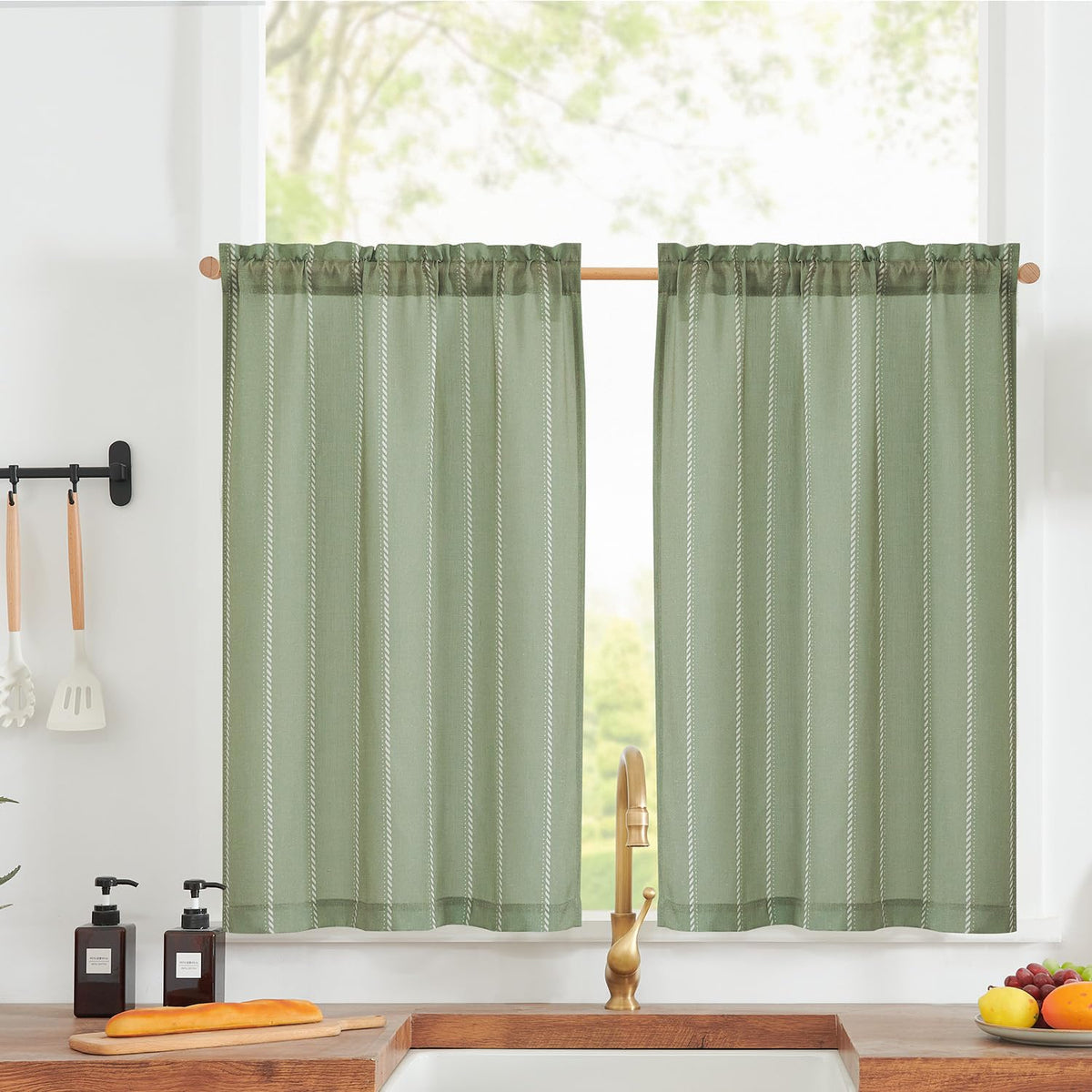 jinchan Linen Striped Tier Curtains for Kitchen Windows Farmhouse