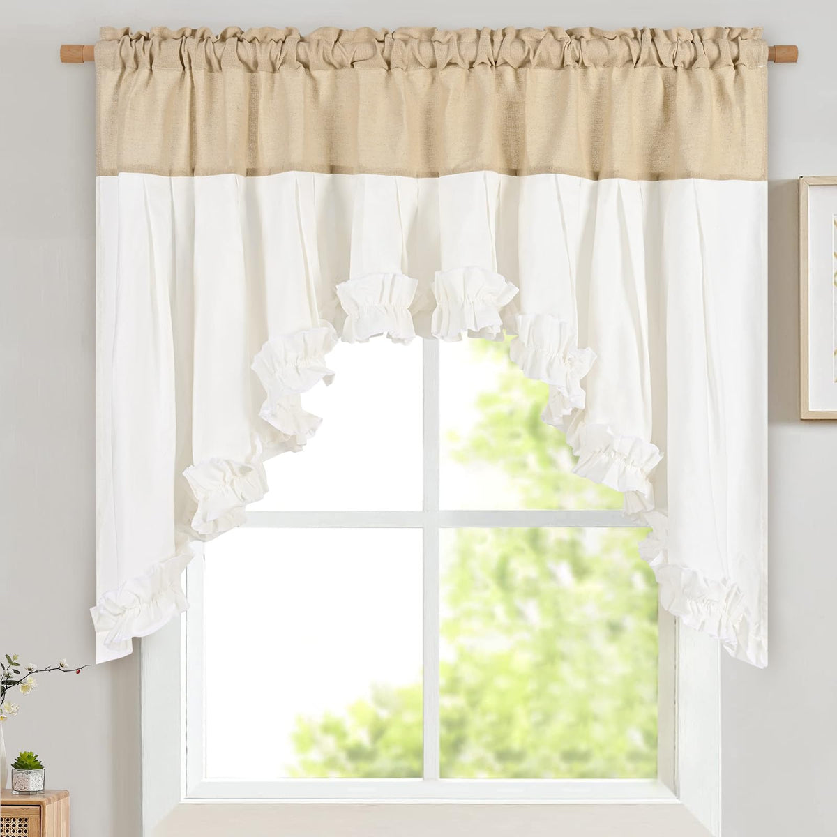 Likiyol Linen Valances for Windows Farmhouse Ruffle Swag Valance Rustic Country Window Valances Light Filtering Kitchen Curtains Rod Pocket Valance Curtains for Bathroom Cafe, Green, 60" W x 36" L