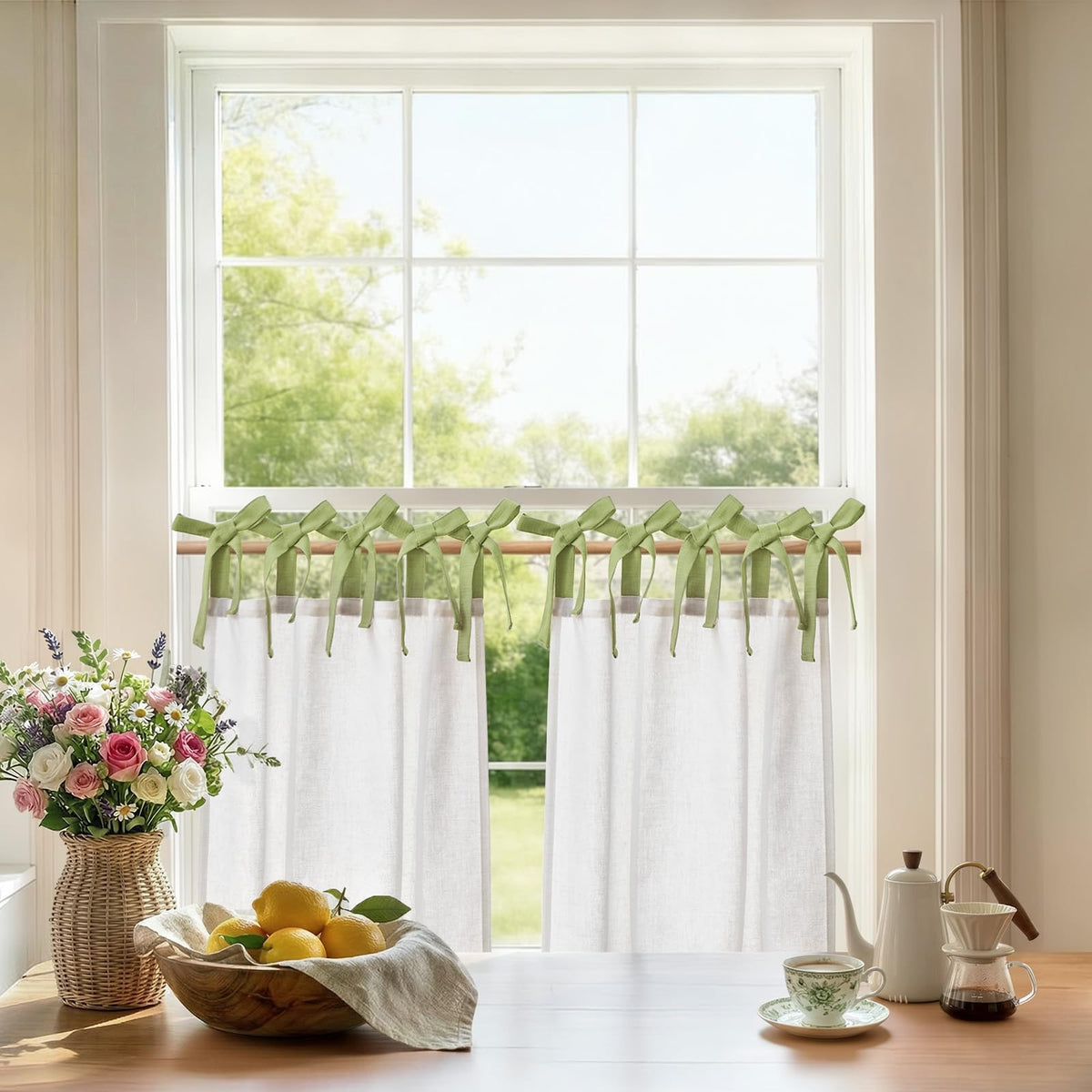jinchan Solid Linen Kitchen Tier Curtains 24 Inches Tie Top 2 Panles Crude