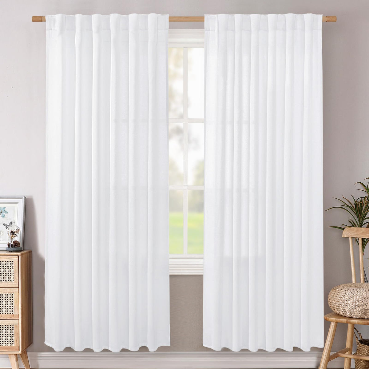 BGment White Linen Kitchen Curtains 40 Inch Length for Short Window