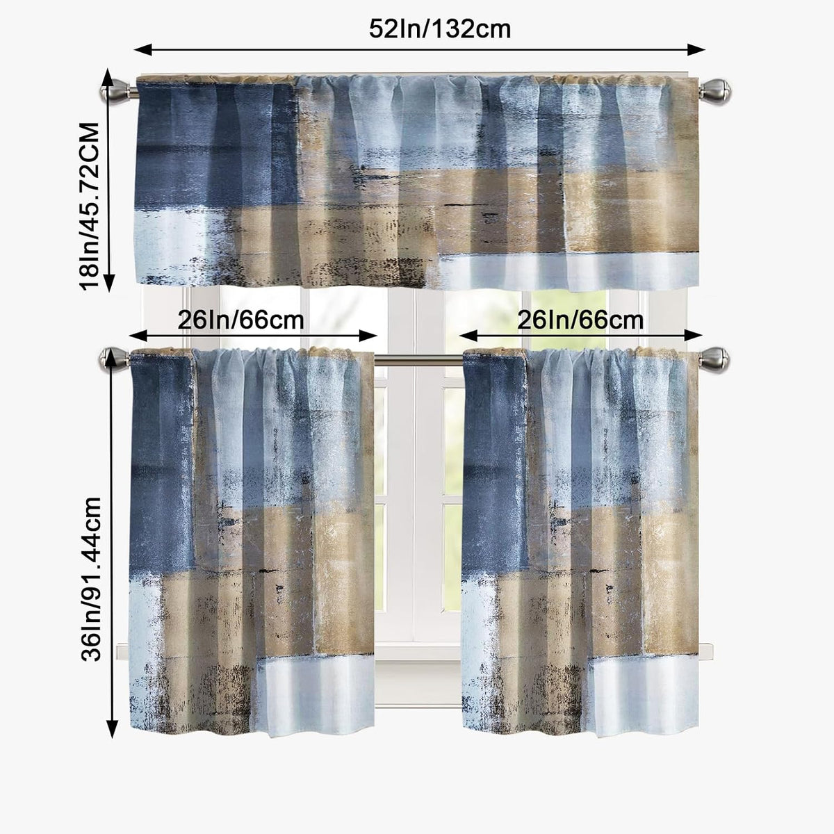 Blue Brown Kitchen Curtains Set, 3 Piece 52x36 Inch Valance & Tier Curtains