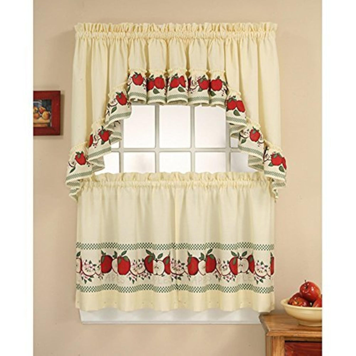 CHF & You Red Delicious Country Apples 3-Piece Window Curtain Tier Set, Ivory, 56-Inch X 24-Inch, Multi Color