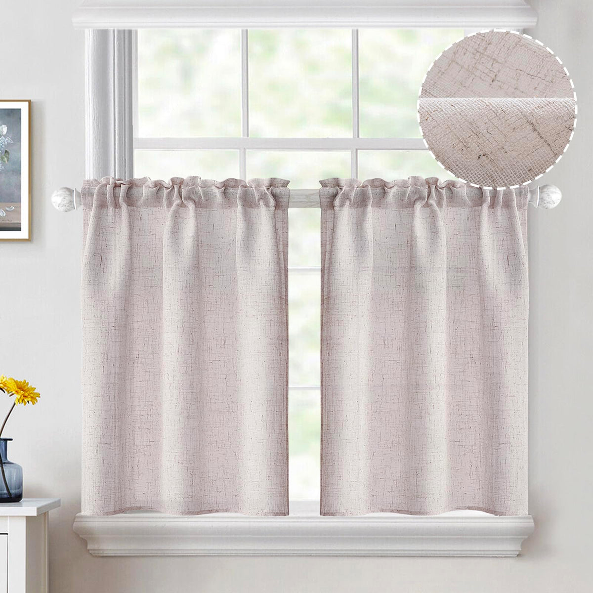MIULEE Spring Linen Textured Kitchen Window Curtains over Sink 24 Inch Length Semi Sheer Farmhouse Small Curtains for Cafe Bathroom Basement, Short Rod Pocket Tier Curtains 2 Panels W26XL24 Sage Green