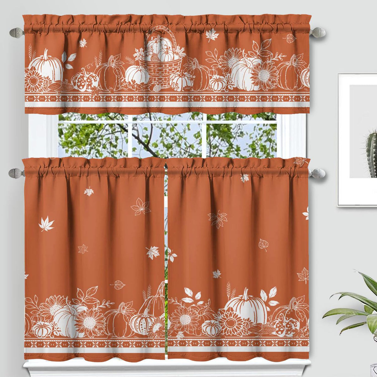 Sage Kitchen Curtain Valance 3 Piece Set, Sage Leaf Floral Kitchen Decor for Home Interior, Farmhouse Style Sink Window Curtains 36 Inch