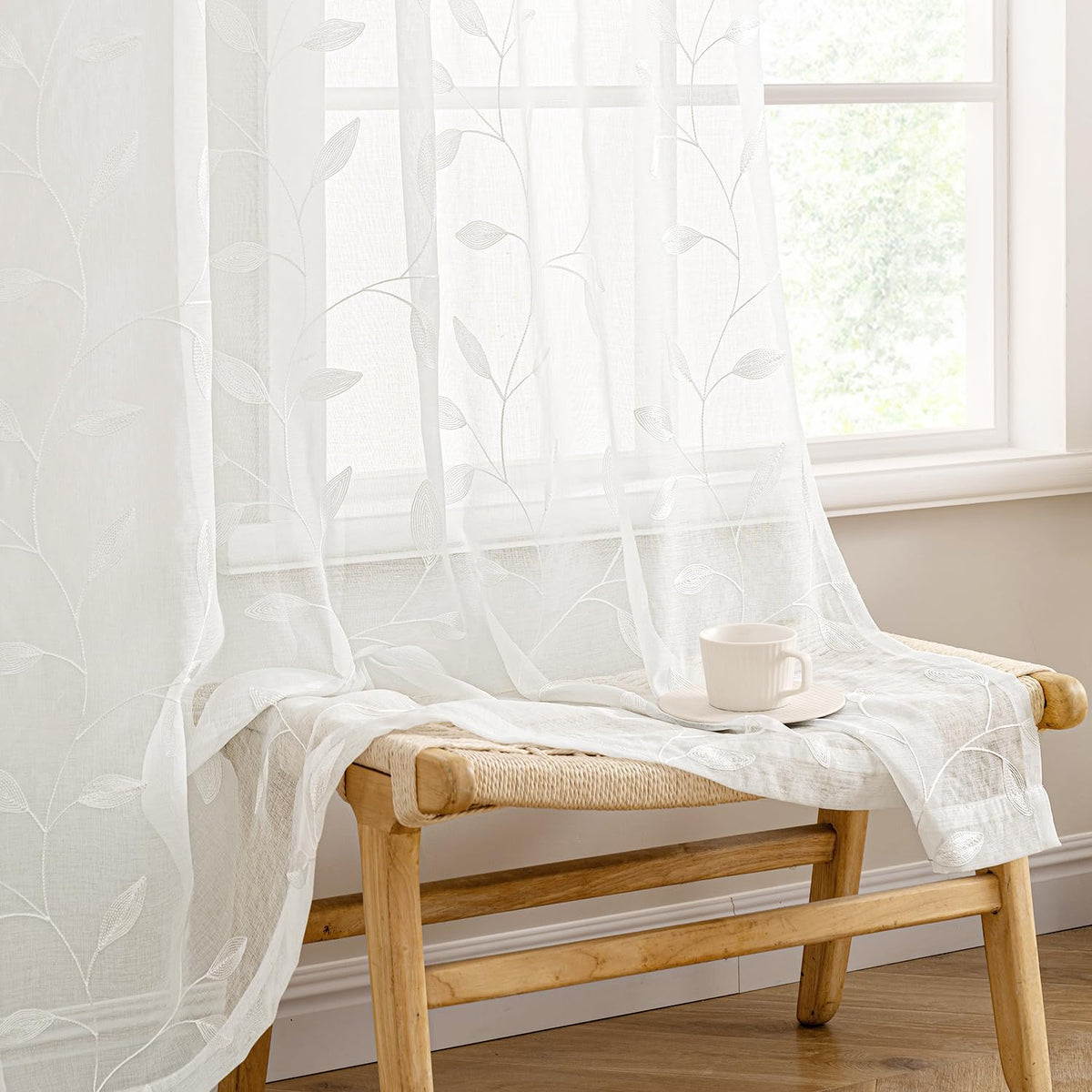 MIULEE Beige Sheer Curtains 2 Panels Embroidered Leaf Patterned, W52 x L63