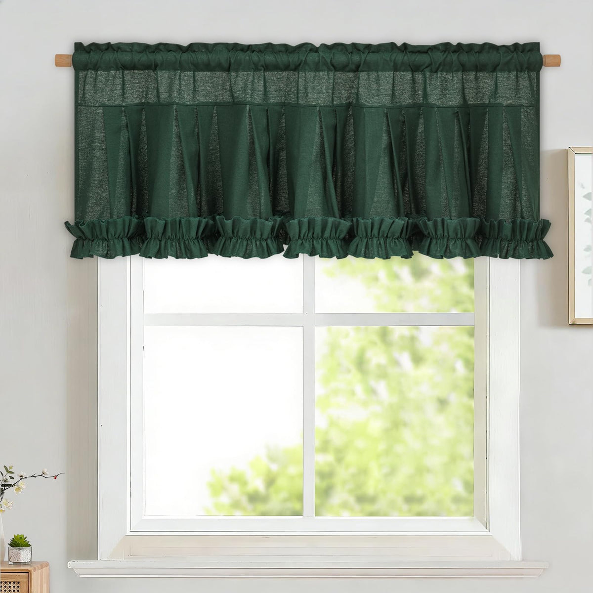 Likiyol Linen Valances for Windows Farmhouse Ruffle Swag Valance Rustic Country Window Valances Light Filtering Kitchen Curtains Rod Pocket Valance Curtains for Bathroom Cafe, Green, 60" W x 36" L