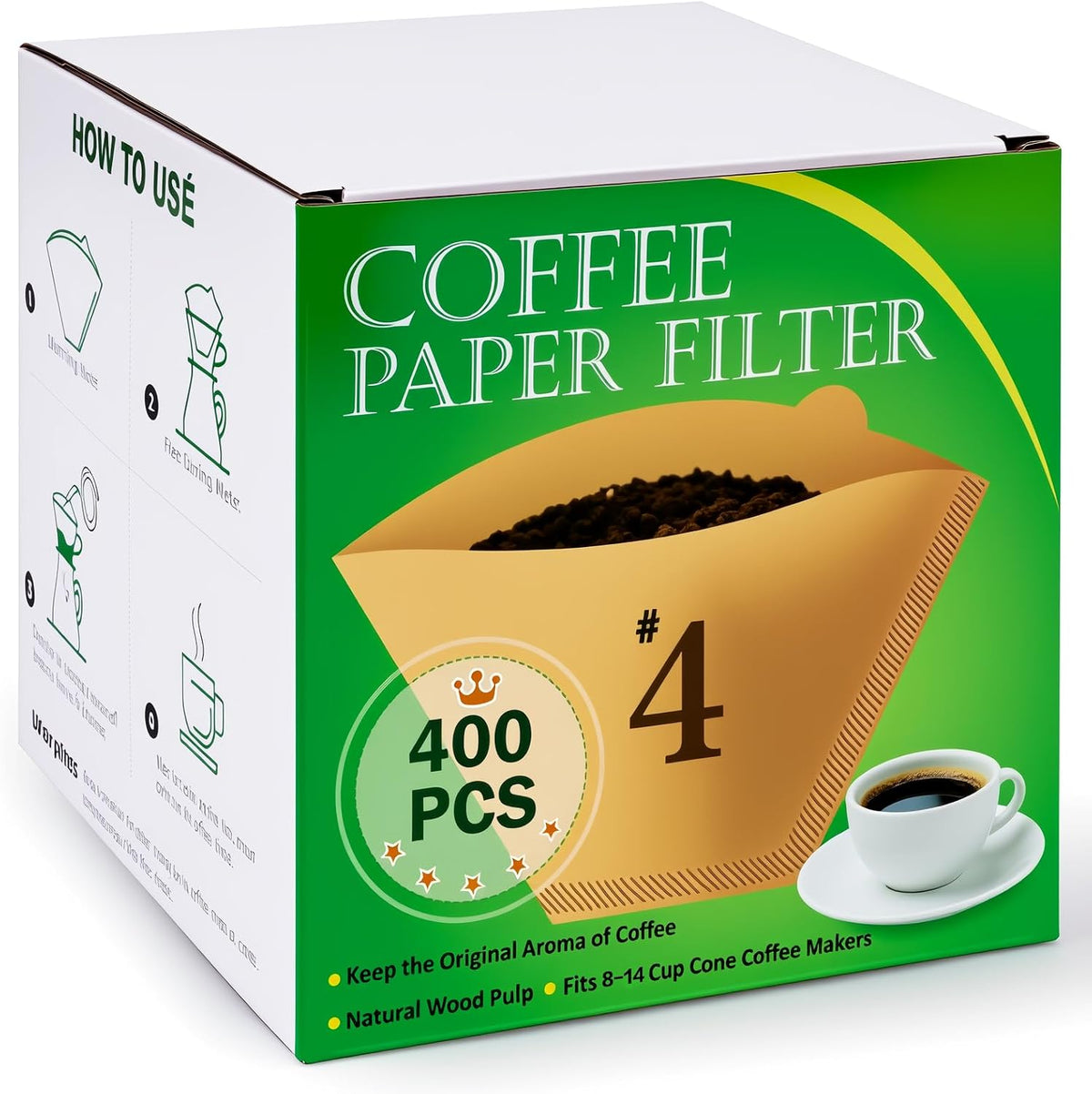 BYKITCHEN 400 PCS #4 Cone Coffee Filters, Fits 8-12 & 14 Cup, Unbleached