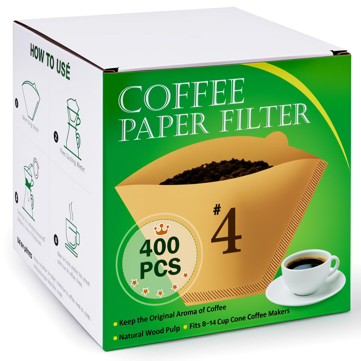 BYKITCHEN 400 PCS #4 Cone Coffee Filters, Fits 8-12 & 14 Cup, Unbleached