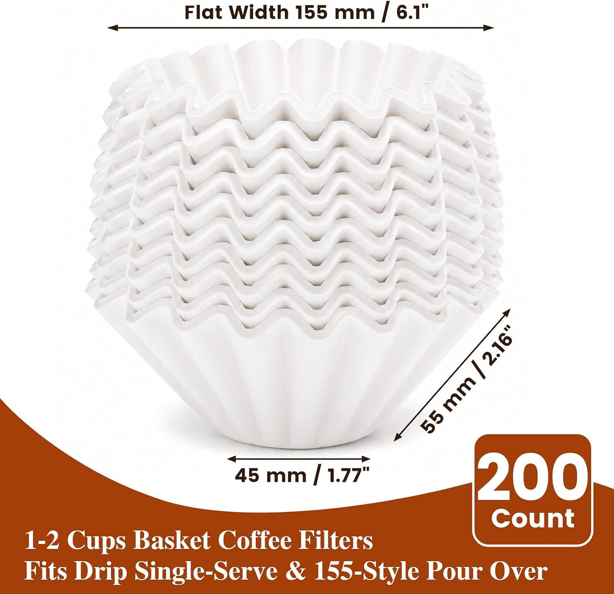 200 Count 1-2 Cup Small Coffee Filters, Disposable White Basket Paper Filters Compatible with 155 Size Pour Over Drippers & Single Serve Coffee Makers