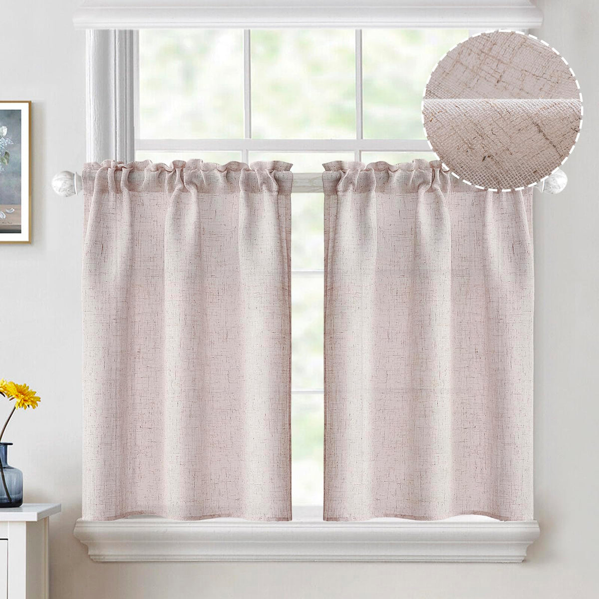 MIULEE Spring Linen Textured Kitchen Window Curtains over Sink 24 Inch Length Semi Sheer Farmhouse Small Curtains for Cafe Bathroom Basement, Short Rod Pocket Tier Curtains 2 Panels W26XL24 Sage Green