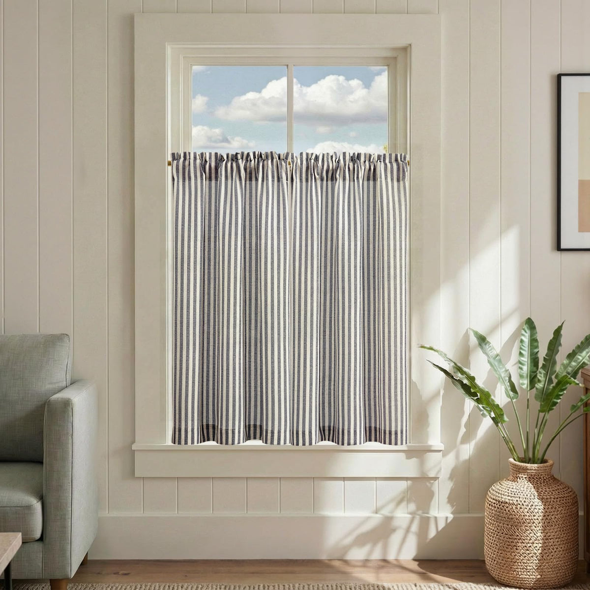 jinchan Striped Linen Kitchen Tier Curtains, 20 Inch, Tan, 2 Panels