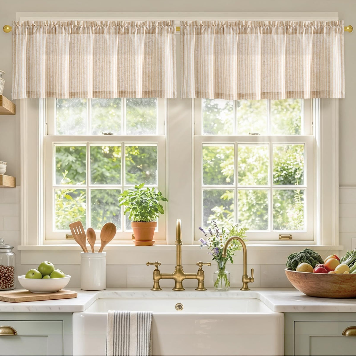 jinchan Linen Boxter Stripe Valances for Window 16 inch,Sage Green,1 Panel