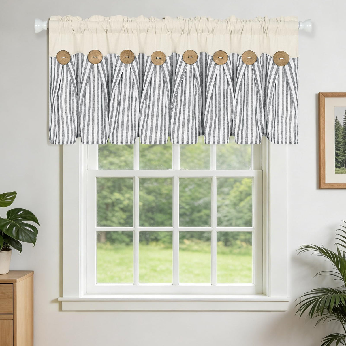 BLEUM CADE Farmhouse Kitchen Curtains 36 Inch, Cotton Linen Cafe Curtains with Rustic Buttons, Boho Small Window Curtains for Bathroom, Green Stripe Half Window Drapes Over Sink, 2 Panels