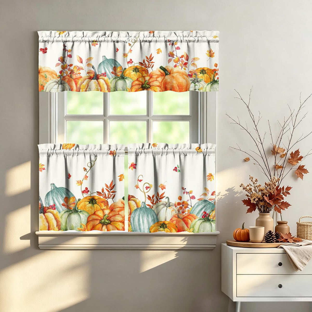 Sage Kitchen Curtain Valance 3 Piece Set, Sage Leaf Floral Kitchen Decor for Home Interior, Farmhouse Style Sink Window Curtains 36 Inch