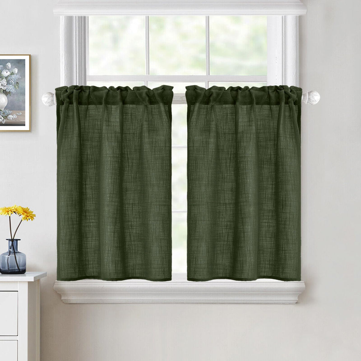 MIULEE Spring Linen Textured Kitchen Window Curtains over Sink 24 Inch Length Semi Sheer Farmhouse Small Curtains for Cafe Bathroom Basement, Short Rod Pocket Tier Curtains 2 Panels W26XL24 Sage Green