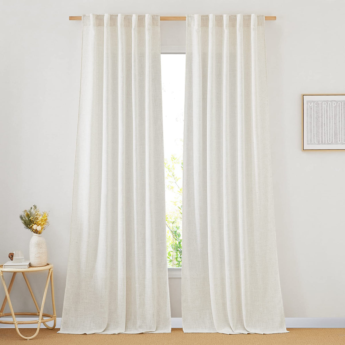 NICETOWN Natural Linen Kitchen Curtains 26 inches Long, Rod Pocket & Back Tab Semi Sheer Flax Window Treatments Rustic & Cute for Cafe/Kids Room, W37 x L26, 2 Panels