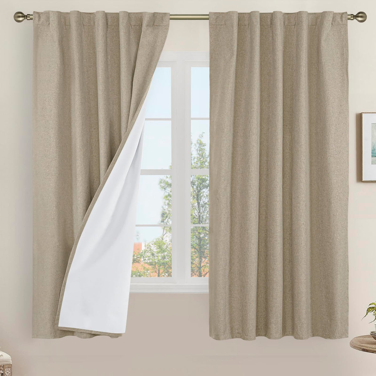LAMIT Full Blackout Linen Kitchen Window Curtains 36 Inches Long, Ivory