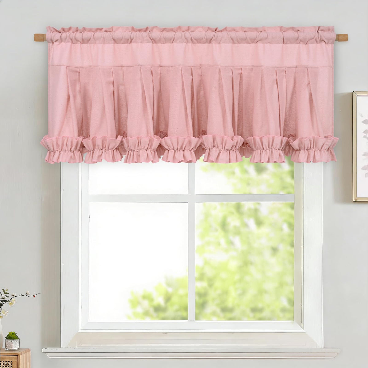 Likiyol Linen Valances for Windows Farmhouse Ruffle Swag Valance Rustic Country Window Valances Light Filtering Kitchen Curtains Rod Pocket Valance Curtains for Bathroom Cafe, Green, 60" W x 36" L