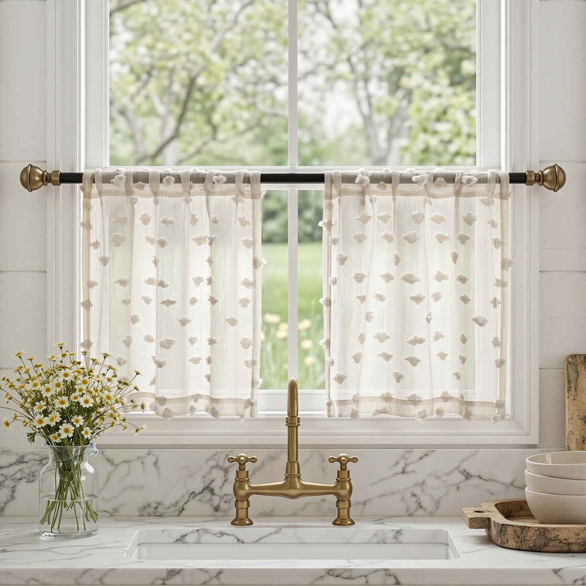 MYSKY HOME White Sheer Curtains 36 inch Length for Small Window,2 Panels