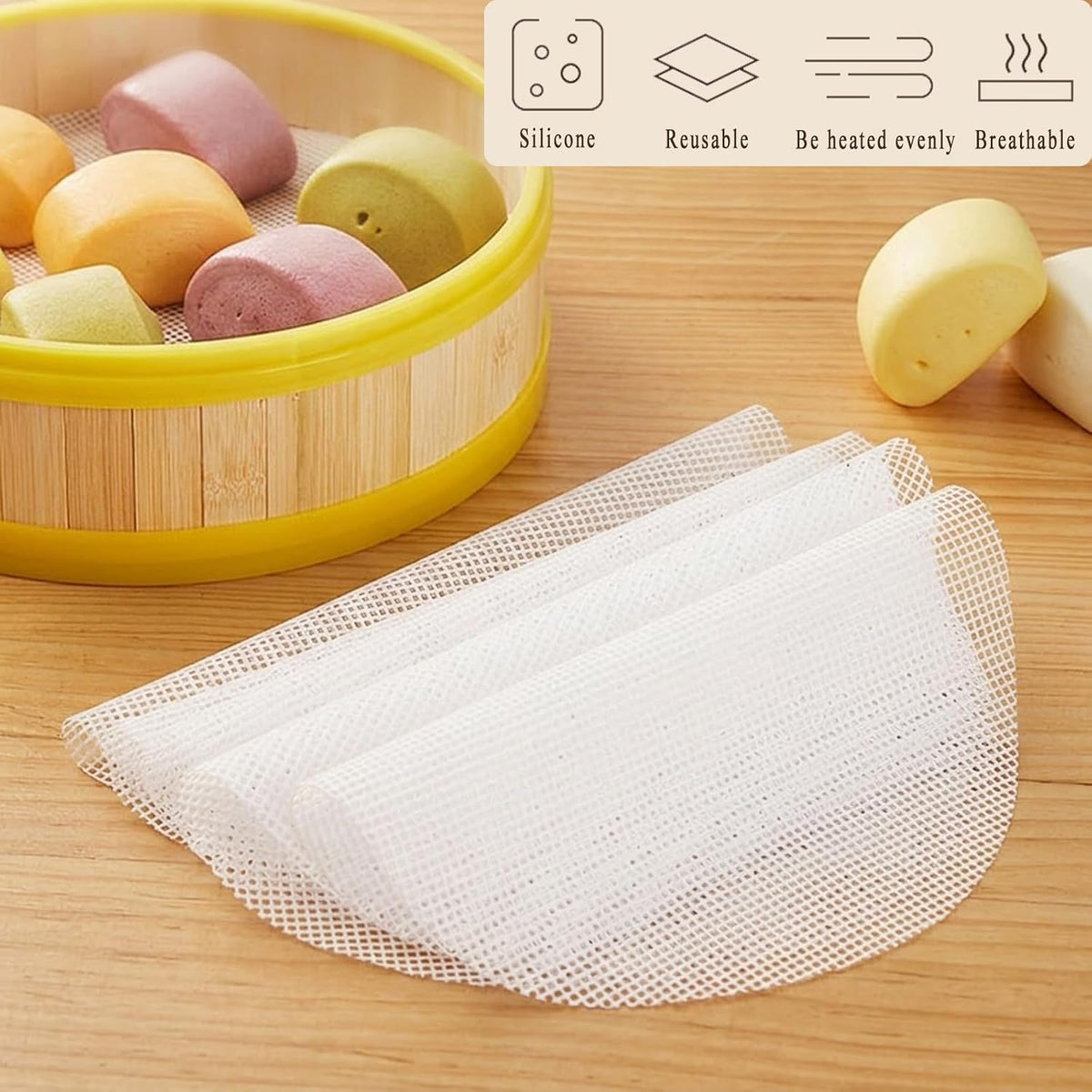 8 Inch Silicone Bamboo Steamer Liners 10 Pack – Non-Stick Round Reusable Steamer Mesh Pad Mats for Steaming Dumplings, Veggies & Dim Sum Rice Buns Fish