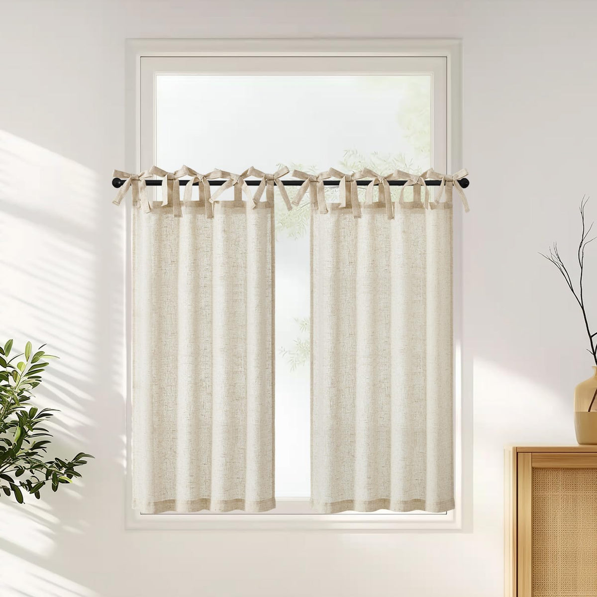 jinchan Solid Linen Kitchen Tier Curtains 24 Inches Tie Top 2 Panles Crude