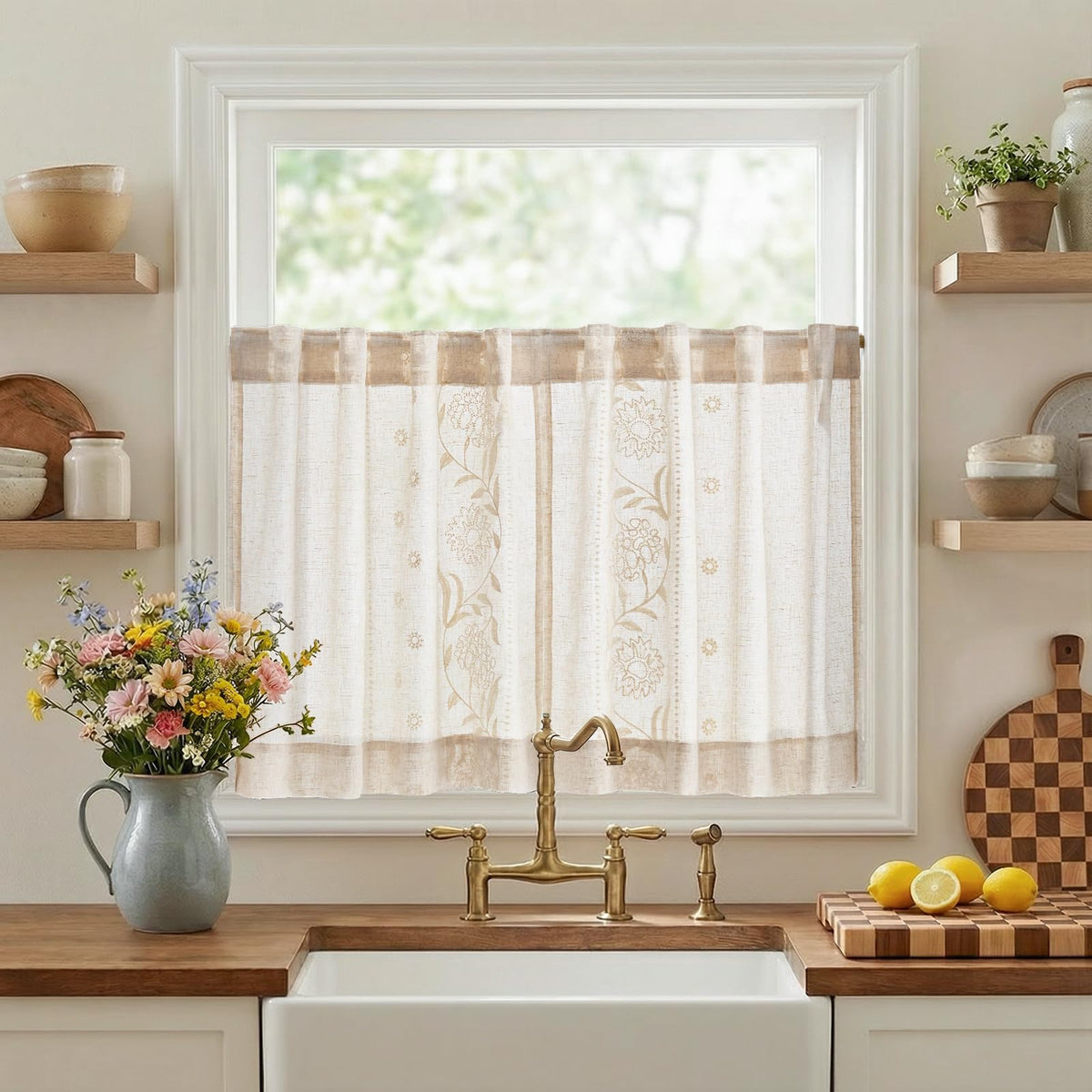 jinchan Beige Floral Linen Kitchen Tier Curtains 36 Inch, 2 Panels
