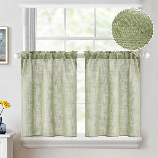 MIULEE Spring Linen Textured Kitchen Window Curtains over Sink 24 Inch Length Semi Sheer Farmhouse Small Curtains for Cafe Bathroom Basement, Short Rod Pocket Tier Curtains 2 Panels W26XL24 Sage Green