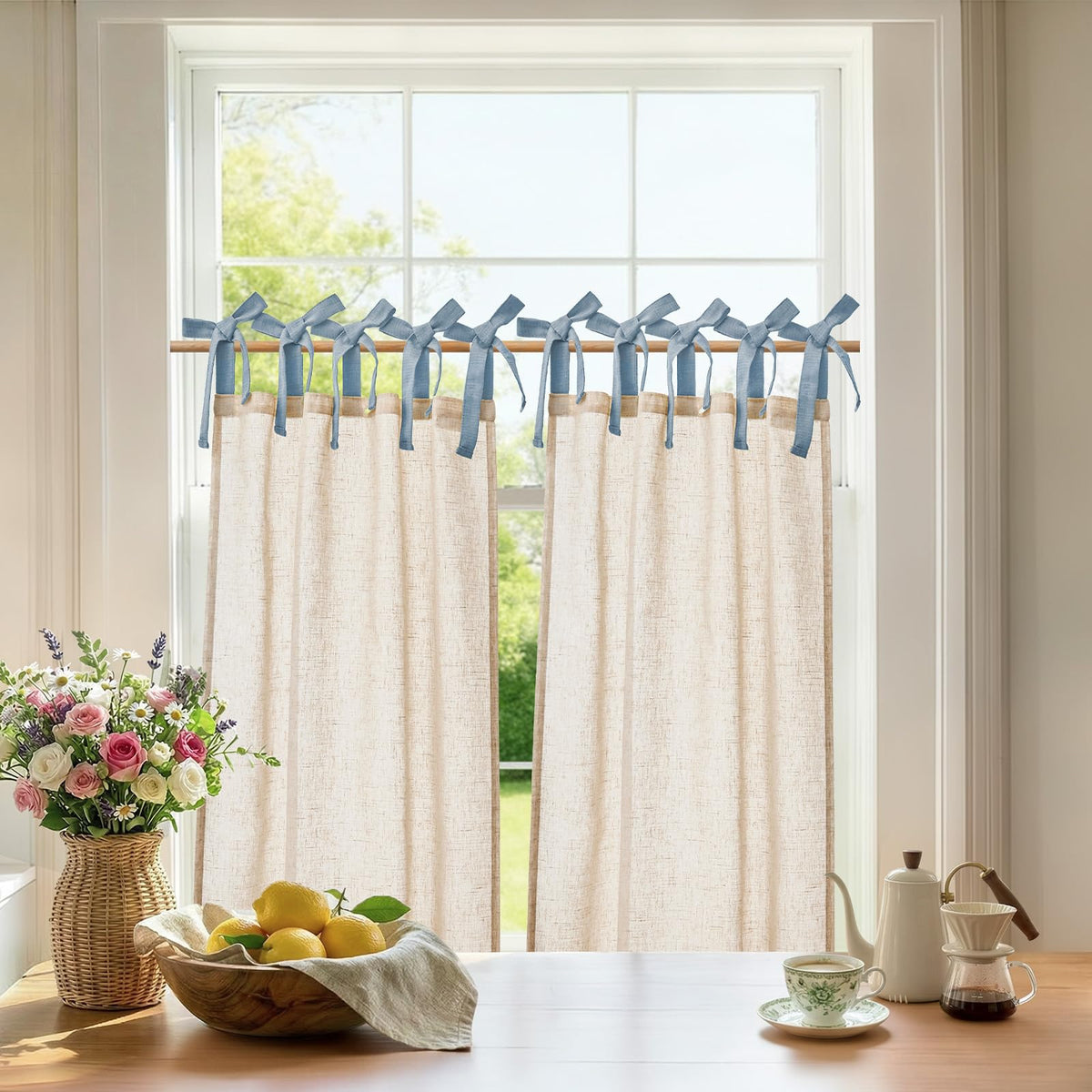 jinchan Solid Linen Kitchen Tier Curtains 24 Inches Tie Top 2 Panles Crude