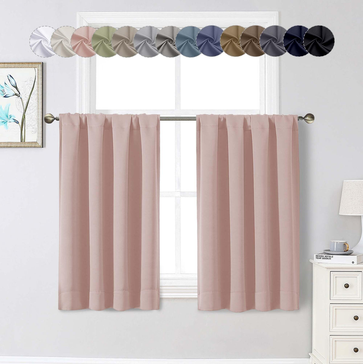 Black Cafe Blackout Curtains 36 Inch Length 2 Panels Set, Soft Solid Thermal Insulated Room Darkening Small Window Curtains for Kitchen Bathroom Basement, Black, Each, 40" Wx36 L