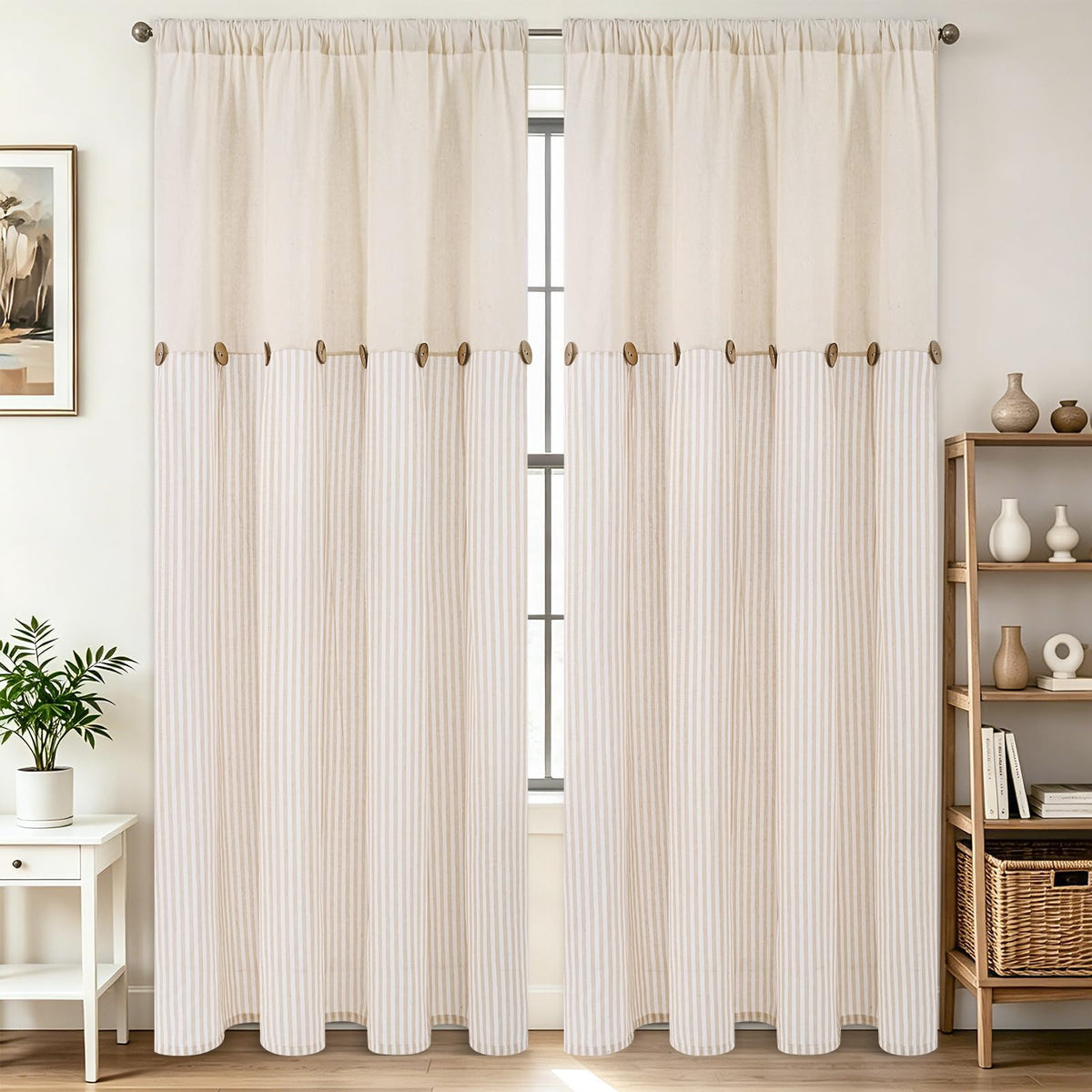 BLEUM CADE Farmhouse Kitchen Curtains 36 Inch, Cotton Linen Cafe Curtains with Rustic Buttons, Boho Small Window Curtains for Bathroom, Green Stripe Half Window Drapes Over Sink, 2 Panels