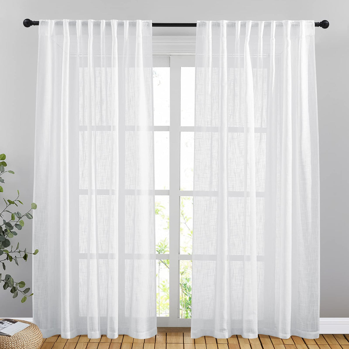 NICETOWN Natural Linen Kitchen Curtains 26 inches Long, Rod Pocket & Back Tab Semi Sheer Flax Window Treatments Rustic & Cute for Cafe/Kids Room, W37 x L26, 2 Panels